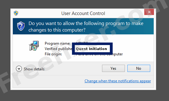 Screenshot where Quest Initiation appears as the verified publisher in the UAC dialog
